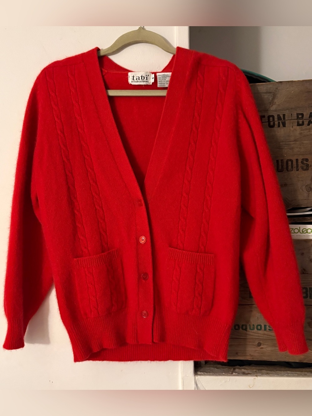 Vintage Wool and Angora Blend Red Cable-Knit V-Neck Cardigan Sweater Size Medium